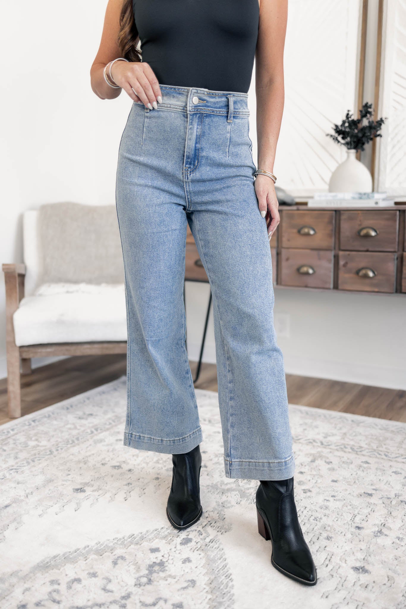 Washed Denim Crop Pants