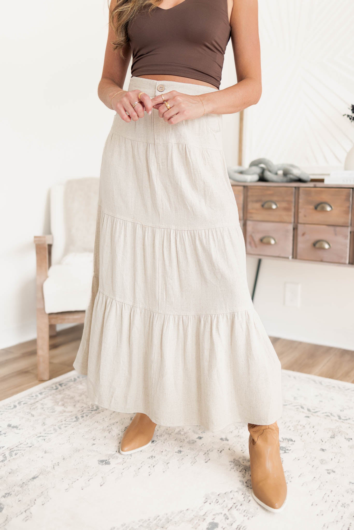 Linen Tiered Midi Skirt