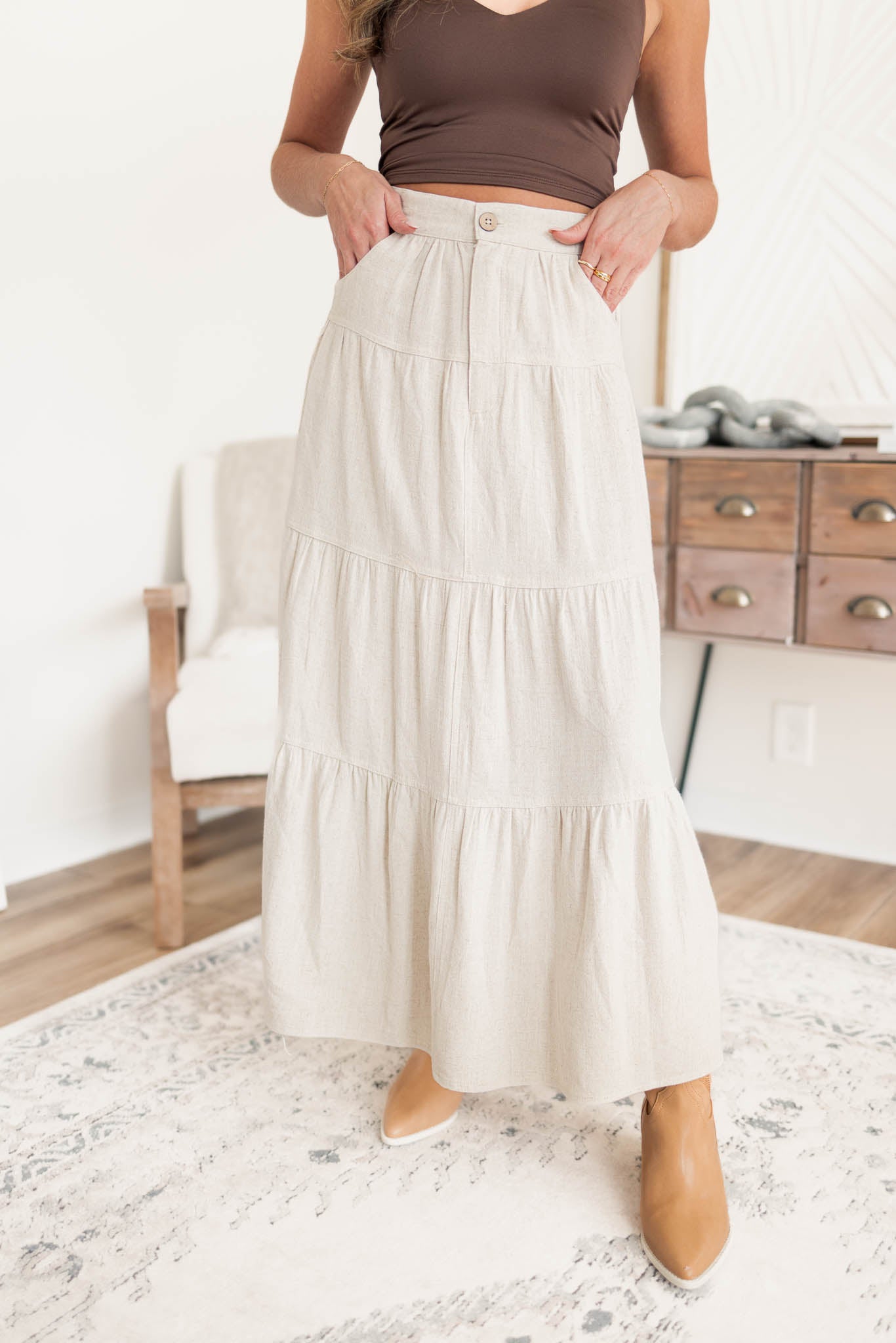 Linen Tiered Midi Skirt