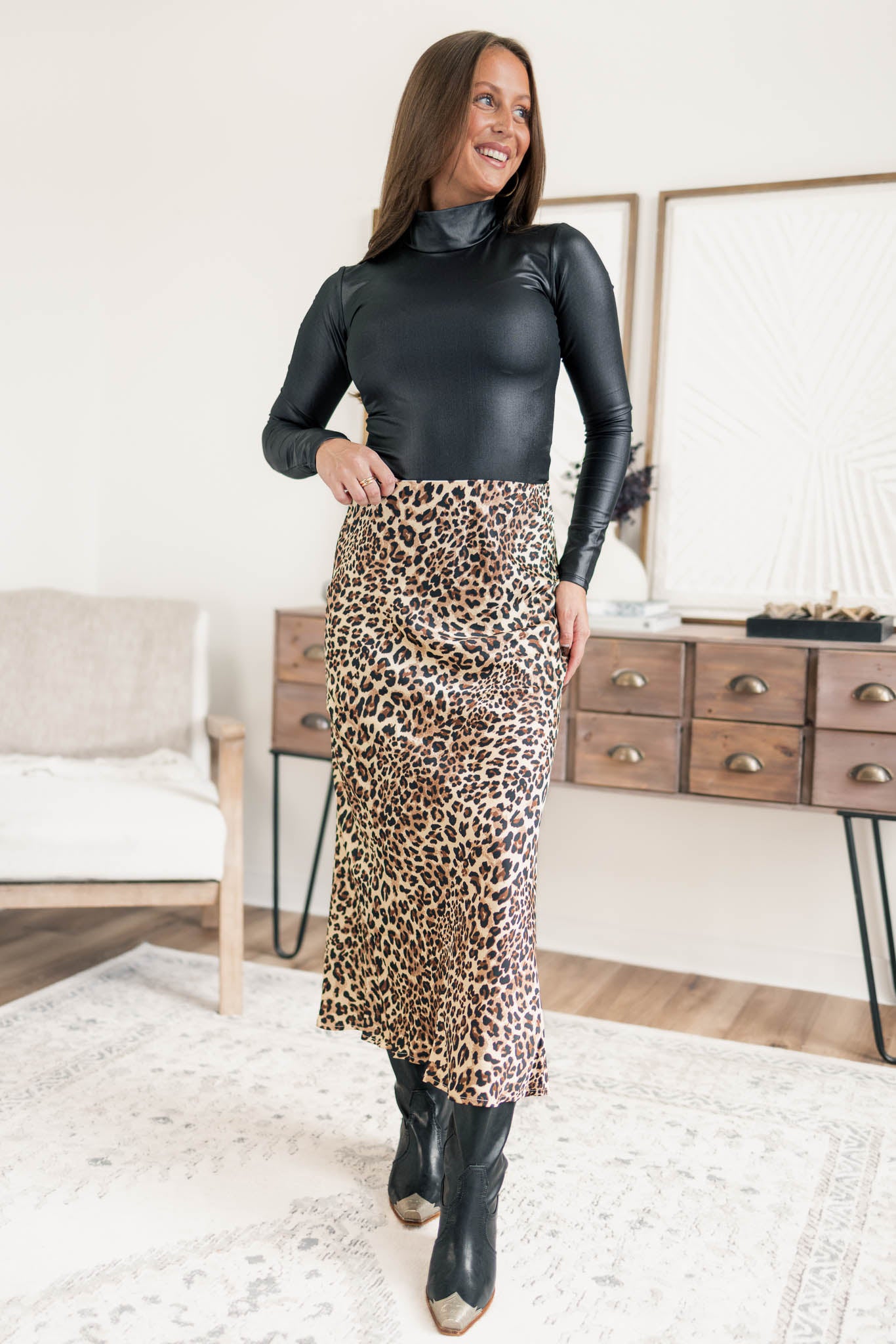 Satin Leopard Midi Skirt