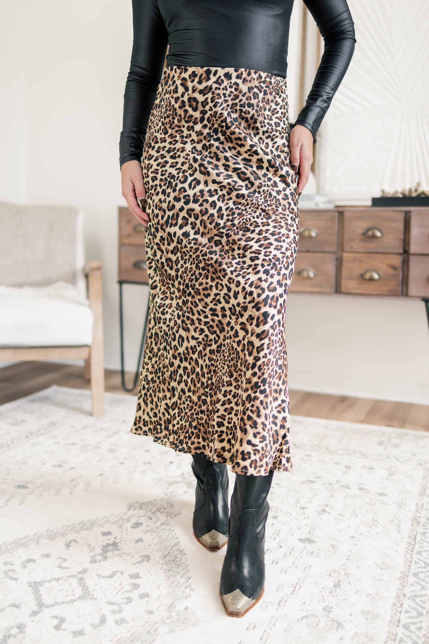 Satin Leopard Midi Skirt