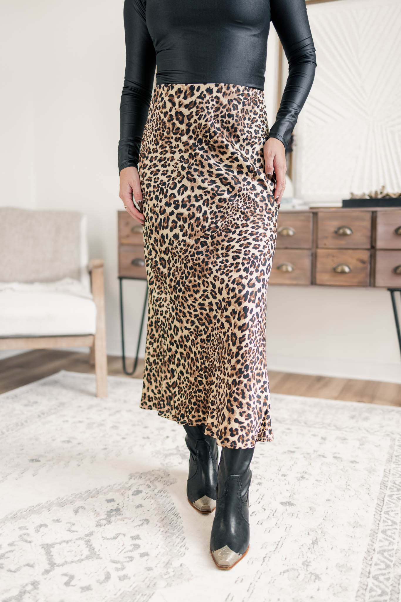 Satin Leopard Midi Skirt