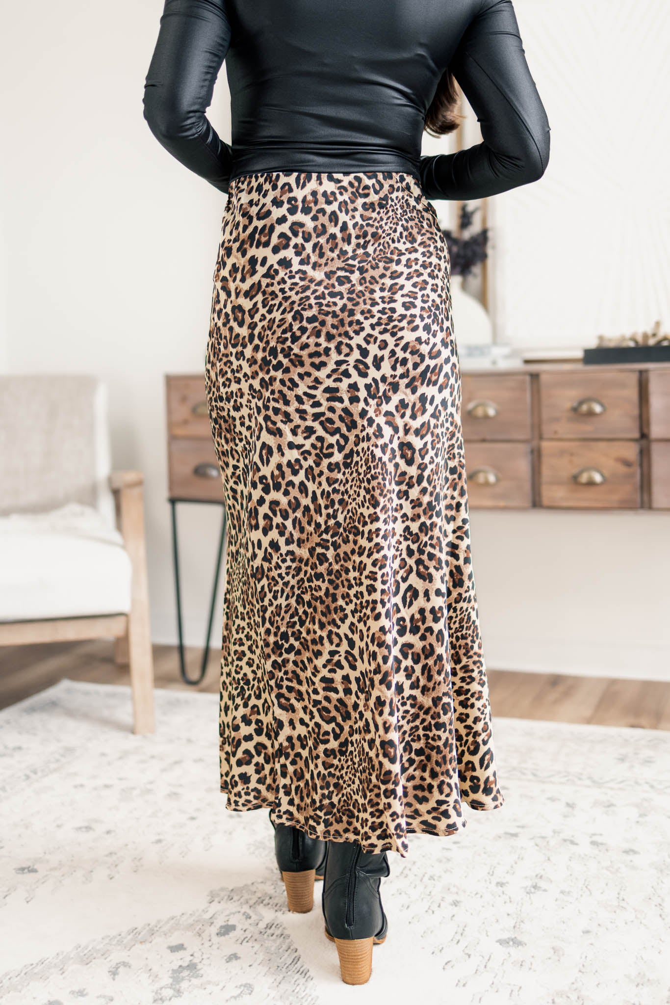 Satin Leopard Midi Skirt