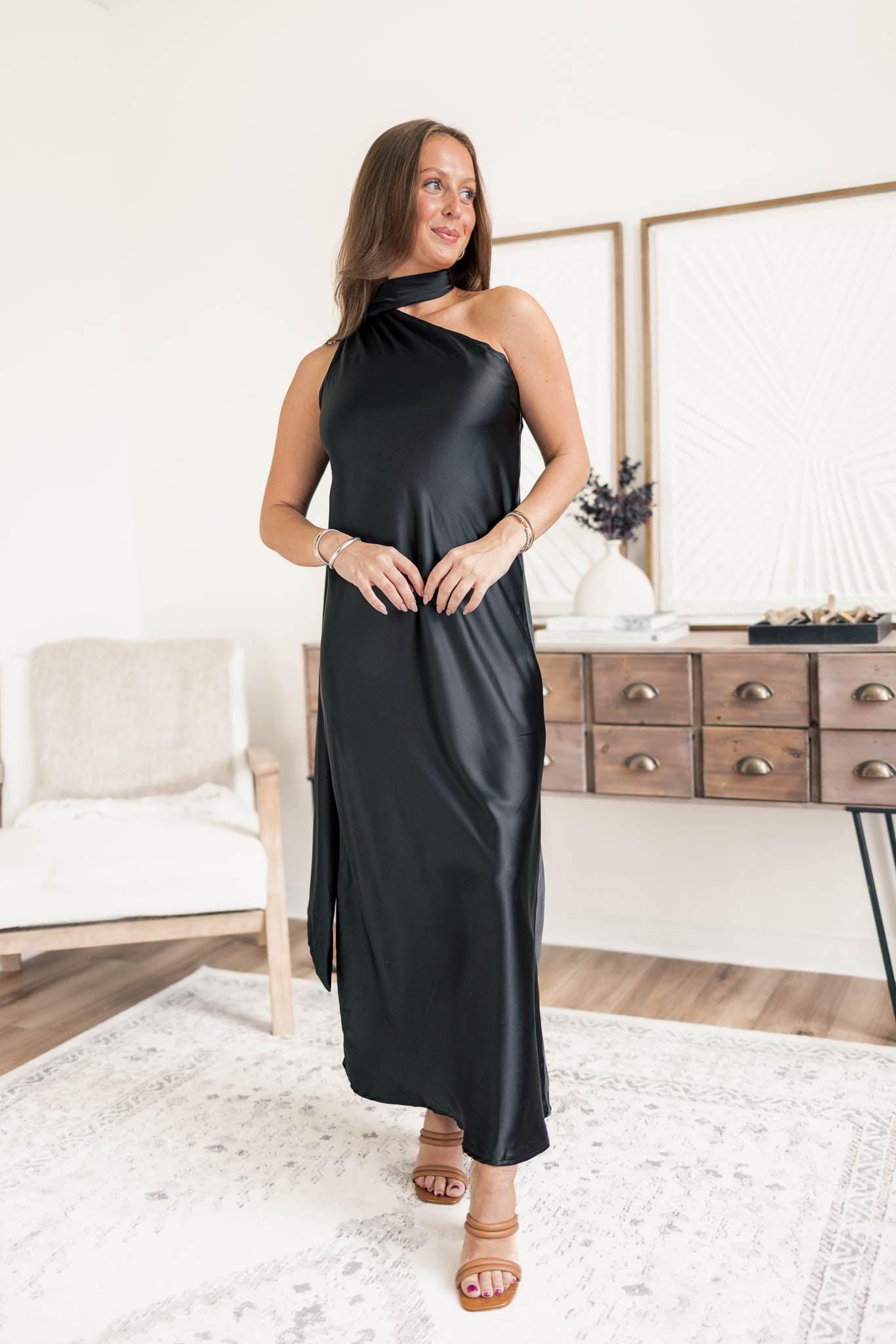 Midnight Satin Scarf Dress