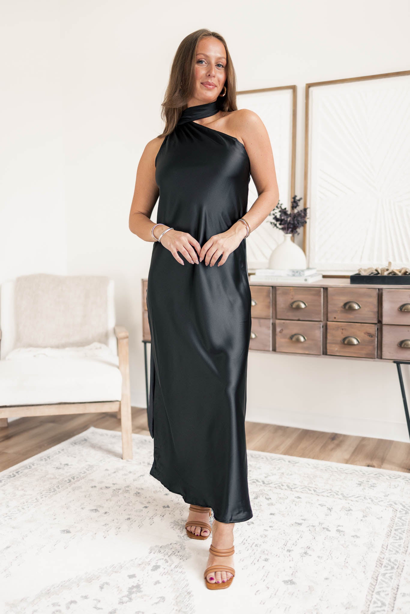 Midnight Satin Scarf Dress