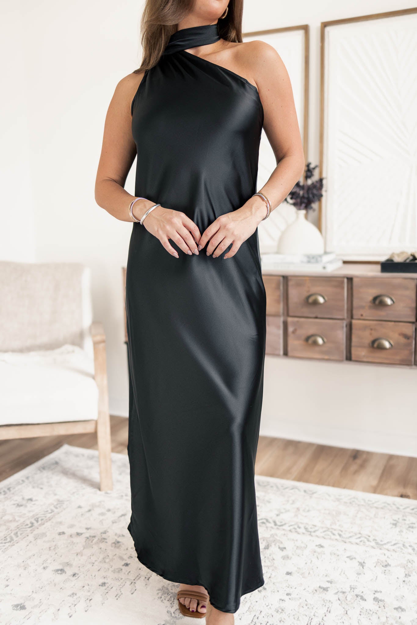 Midnight Satin Scarf Dress