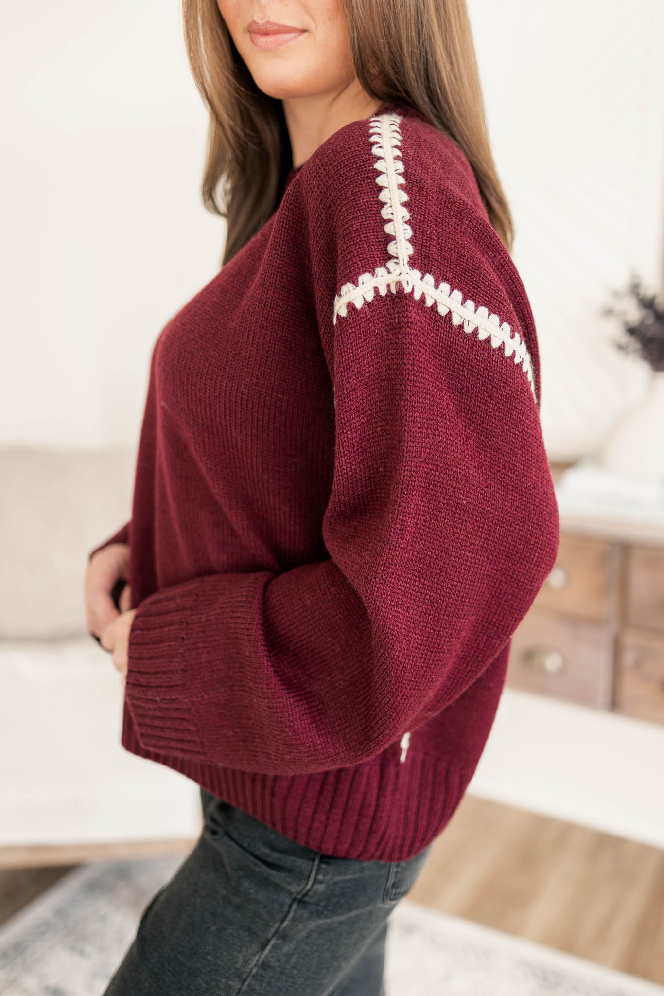 Wine Stitch Detail Sweater