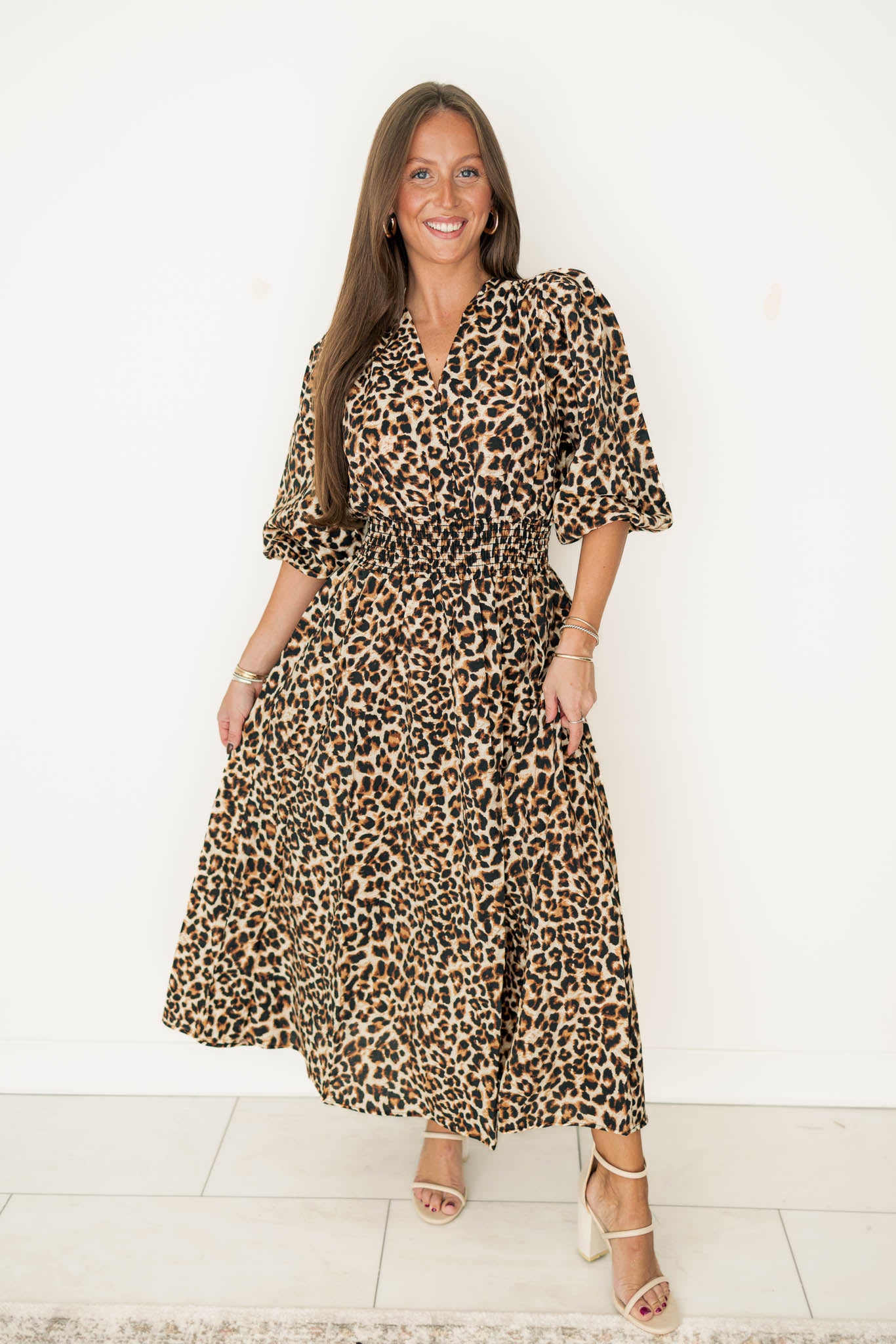 Leopard Smocked Midi Dress