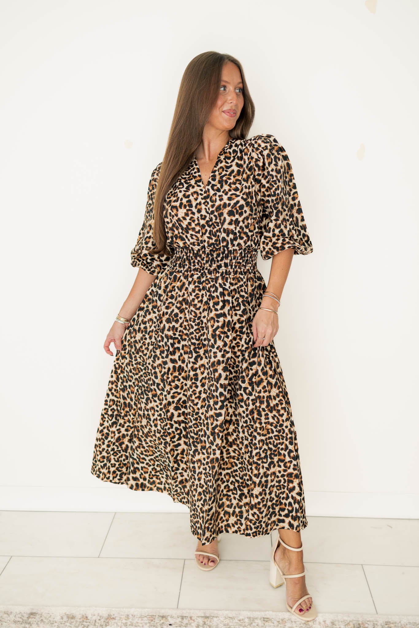 Leopard Smocked Midi Dress