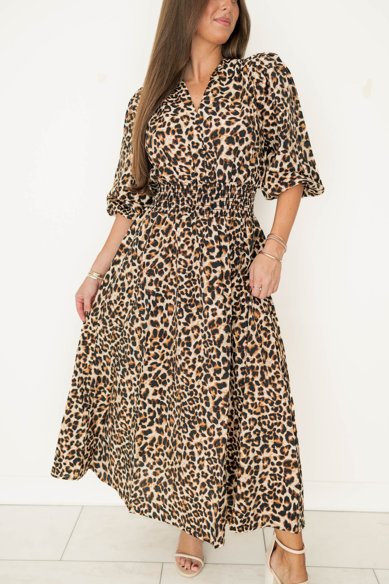 Leopard Smocked Midi Dress