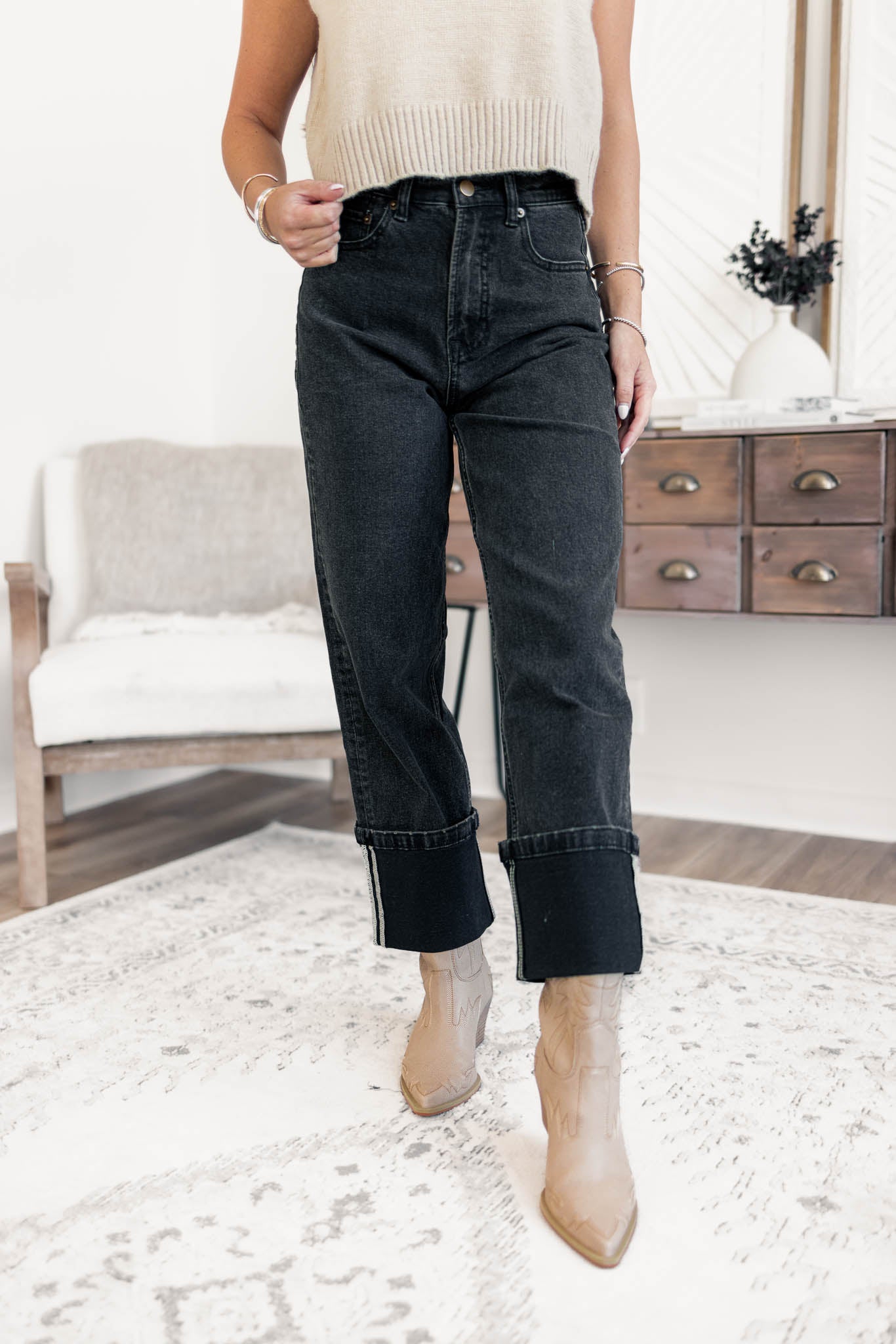 Cuffed Black Denim Pants