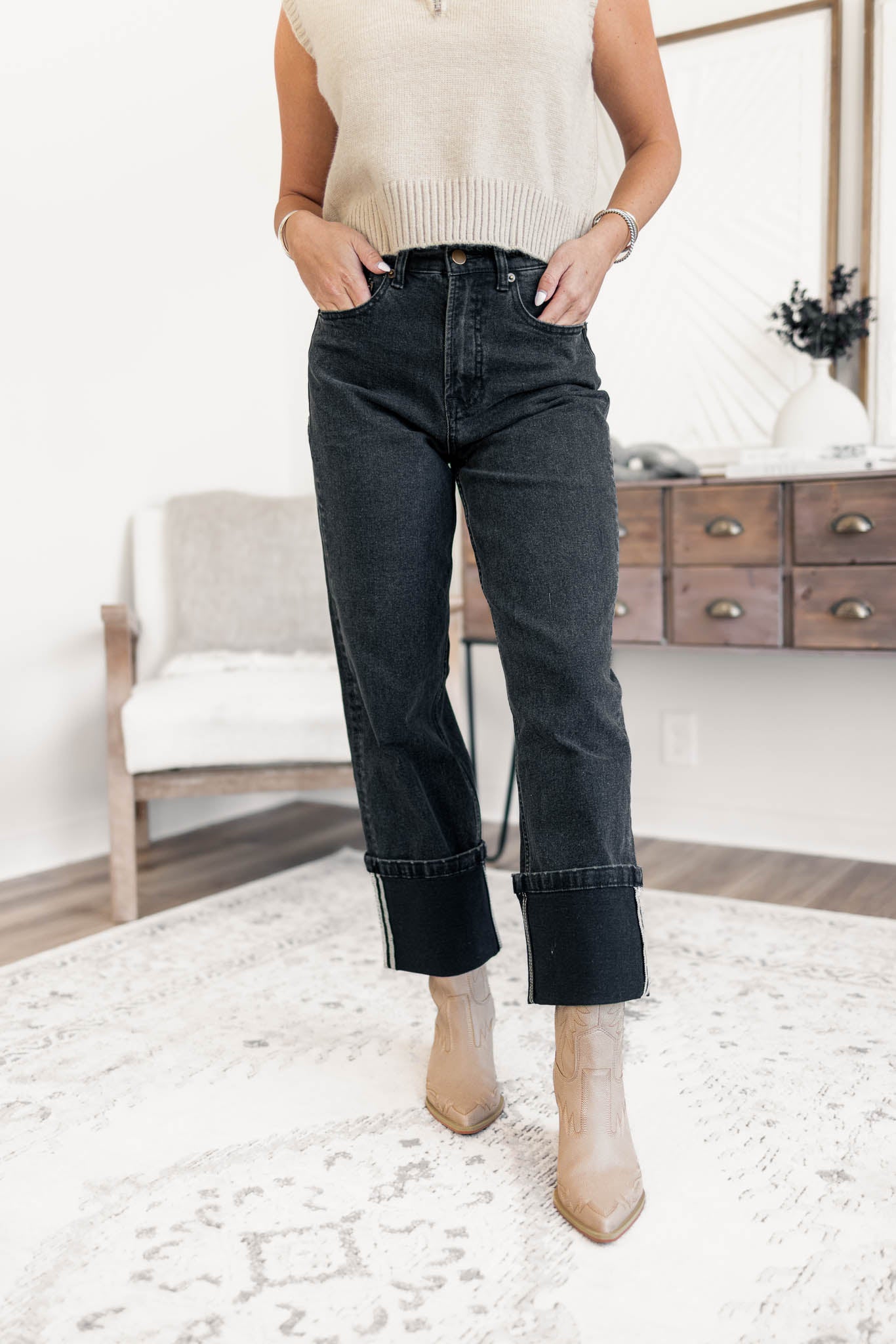 Cuffed Black Denim Pants