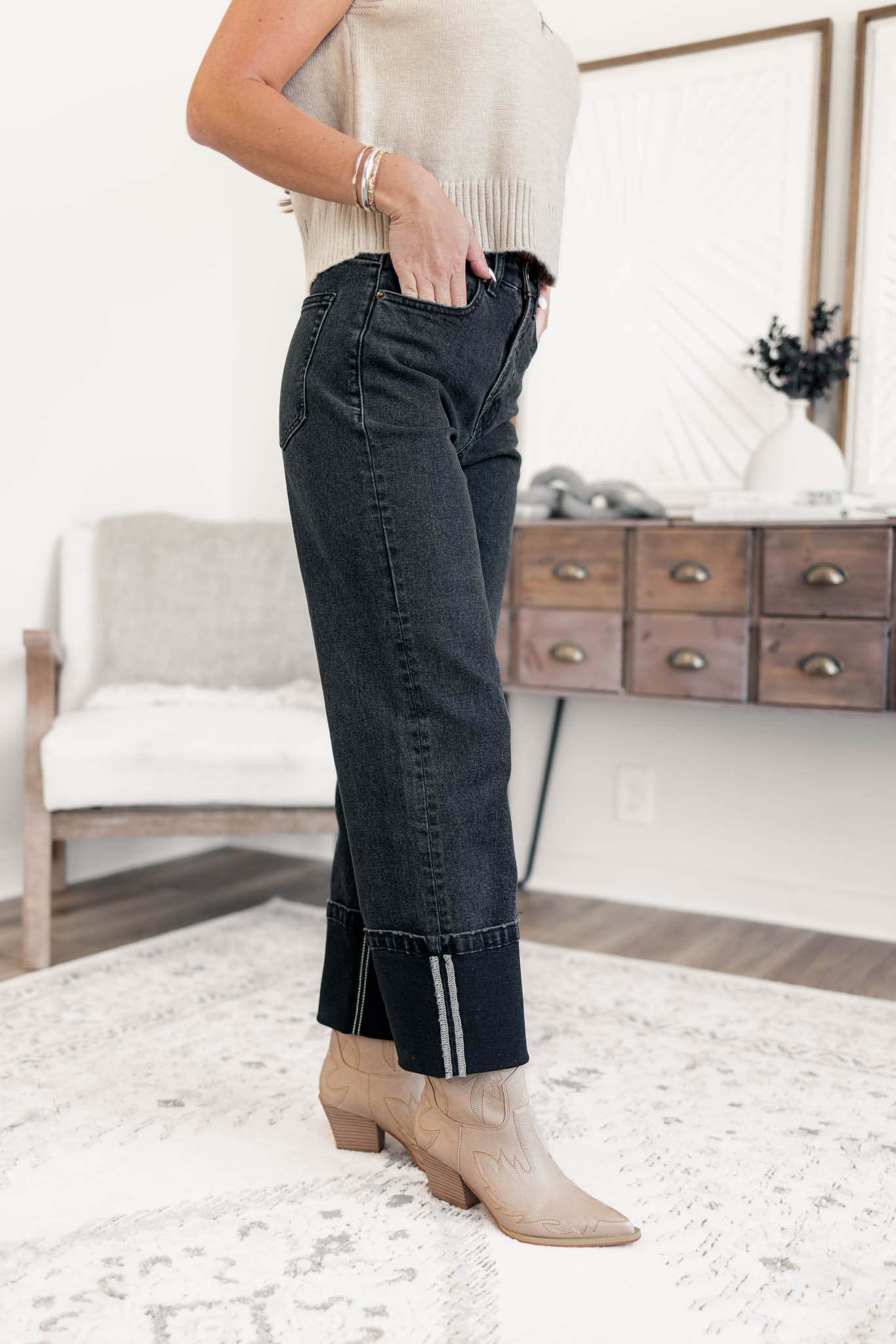 Cuffed Black Denim Pants